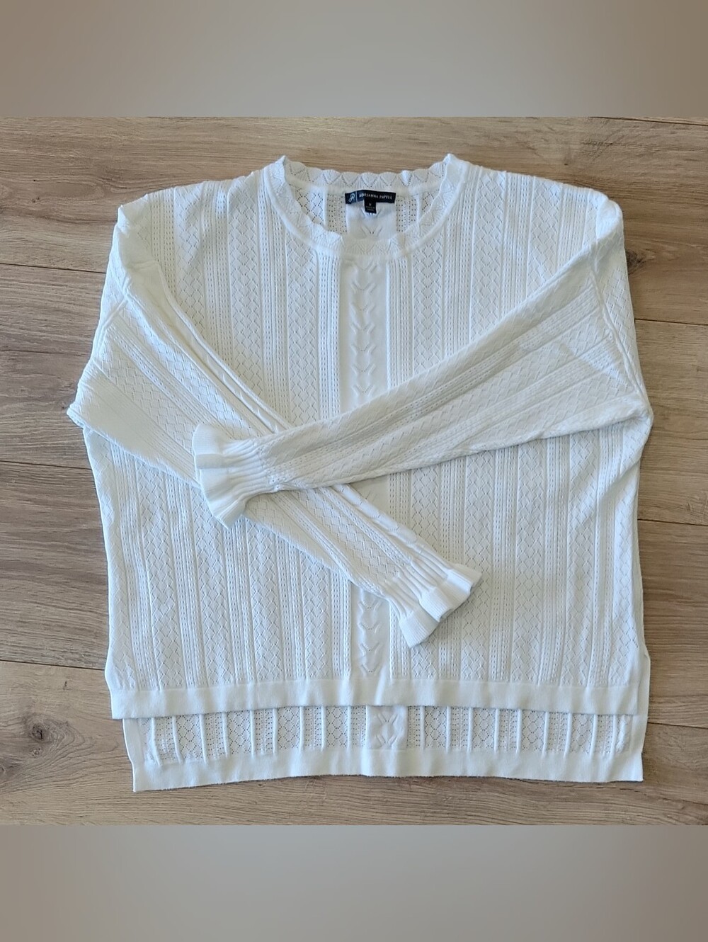 Adrianna Papell White Pointelle Knit Sweater M Coastal Preppy Quiet Luxury